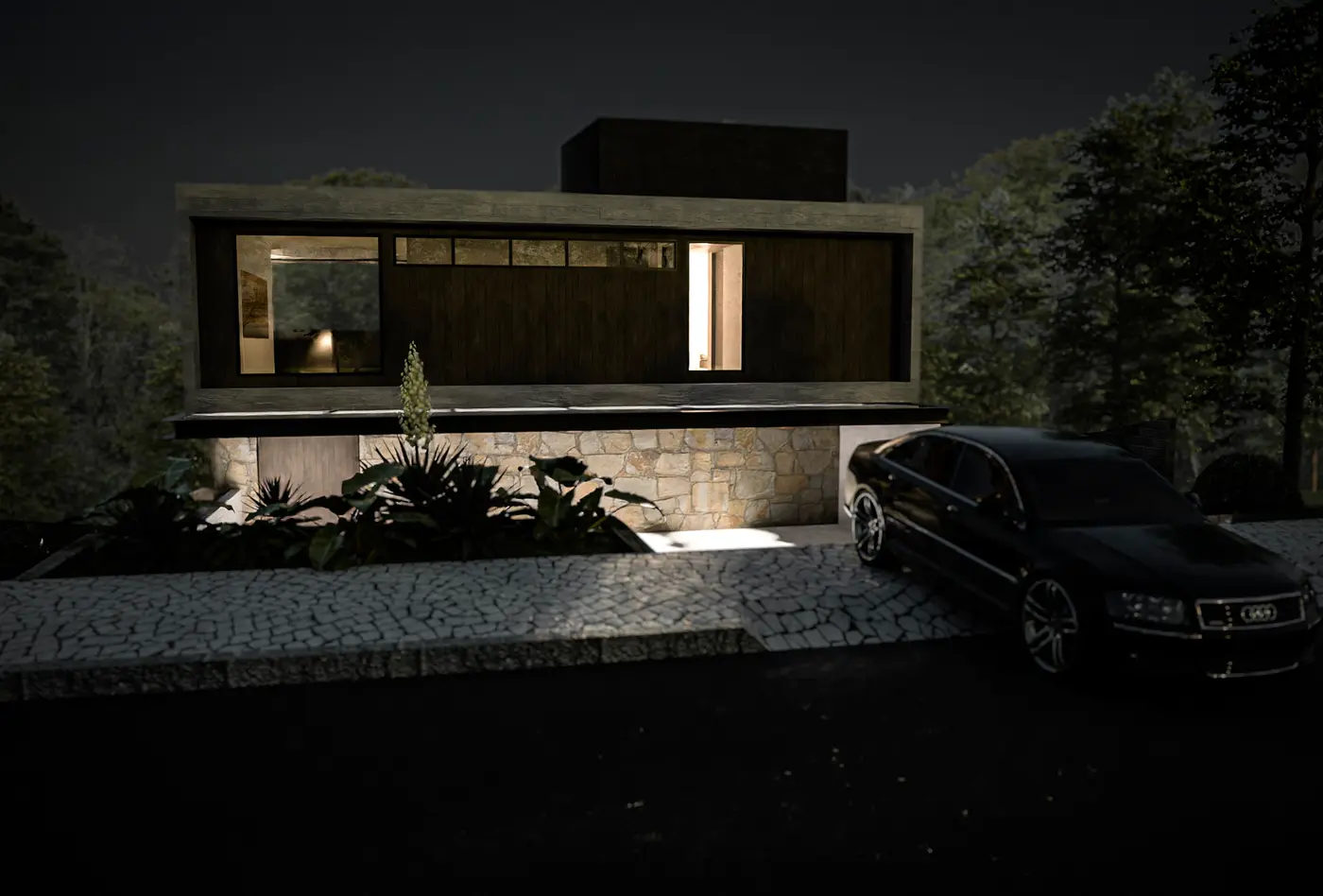Casa Concreto — fachada noturna