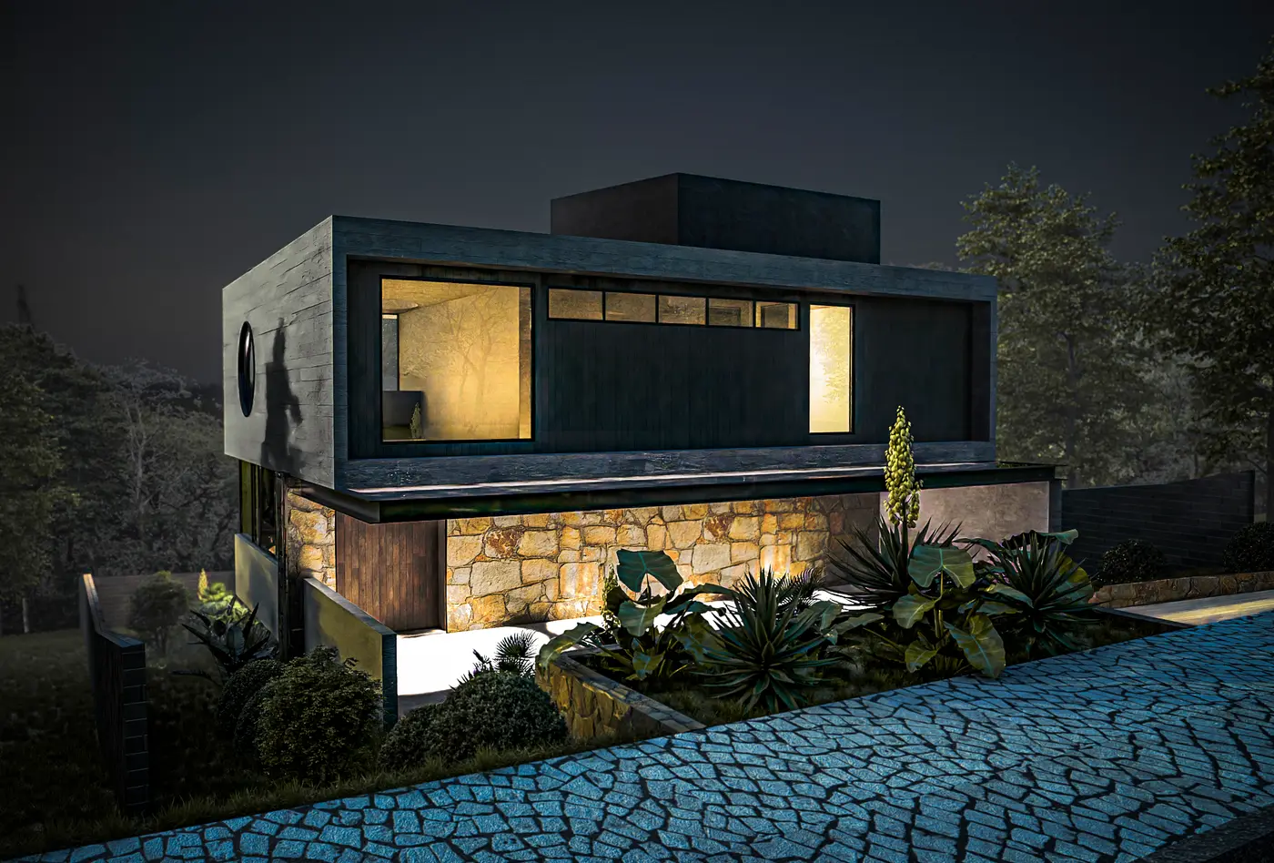 Casa Concreto — fachada noturna