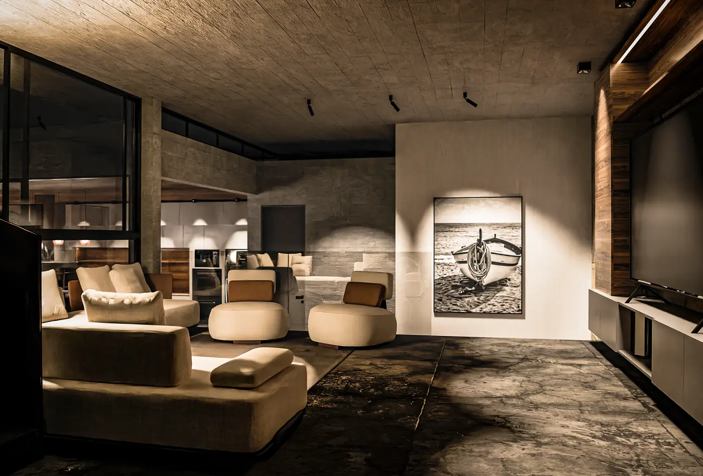 Casa Concreto — interior noturno