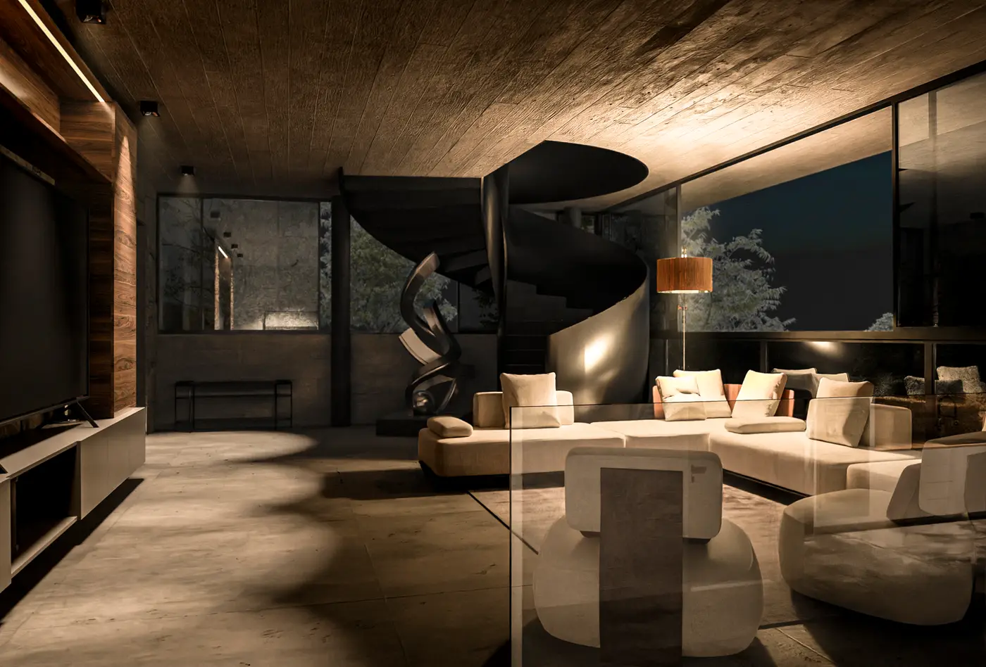 Casa Concreto — interior noturno